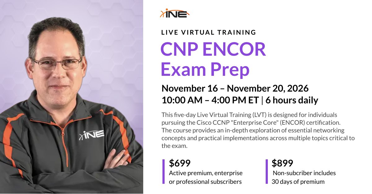 ine's tweet photo. Some networking concepts click better with expert guidance.

Join Keith Bogart Nov. 16–20 for INE's CCNP ENCOR Live Virtual Training. Work through complex topics, ask questions, and prepare with purpose.

See what you'll cover and reserve your seat: 👉 https://t.co/nnCfFt15rj https://t.co/njgOkrDciN