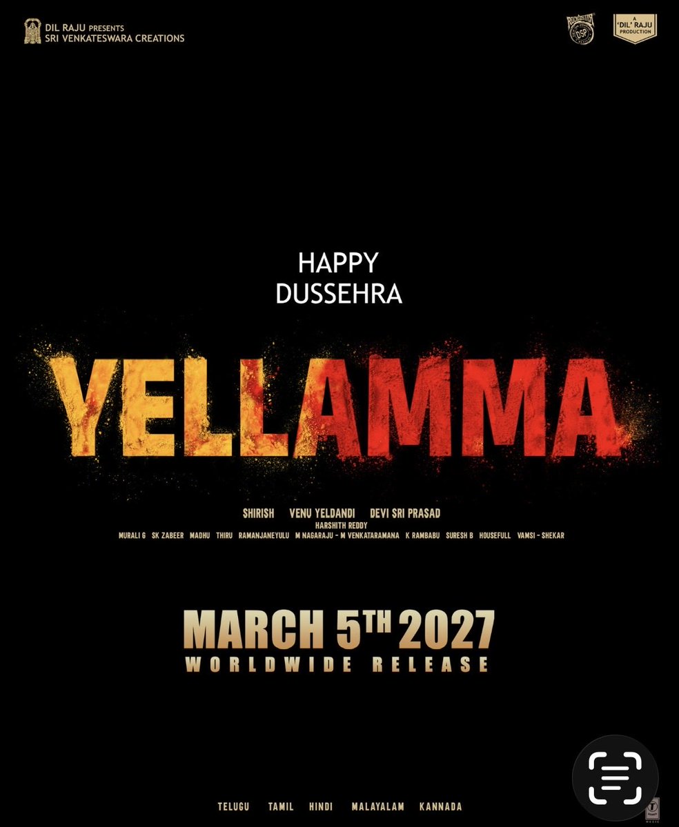 VenuYeldandi9's tweet photo. #Yellamma ~ Grand Worldwide Theatrical Release on MARCH 5th, 2027! ❤️‍🔥
In Telugu, Tamil, Hindi, Kannada &amp; Malayalam.
#YellammaFromMarch5th 
Rockstar 🌟 @ThisIsDSP #DilRaju #Shirish @HR_3555 @muraligdop @Hr_3555 #HanshithaReddy @svc_official  @Tseries @tseriessouth https://t.co/aQg5DRw34X