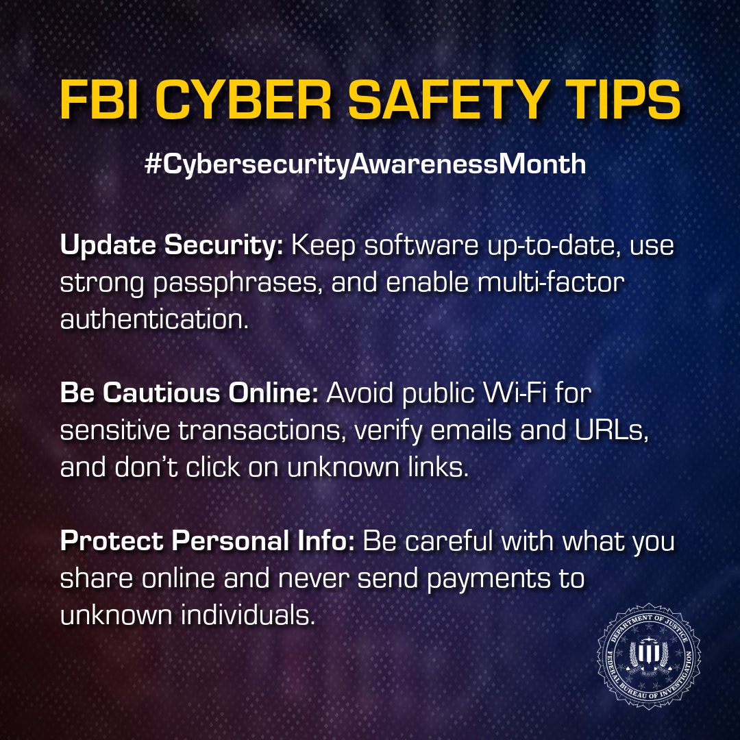 FBIBaltimore's tweet photo. Did you know, every click, share, send, and post you make creates a digital trail that can be exploited by cybercriminals. To protect yourself from becoming a #victim, you must understand, secure, and maintain your digital profile. Be familiar with and routinely check privacy settings to protect your privacy and limit Internet-enabled crimes.

If you are the victim of a cyber-enabled #crime, file a report with the Internet Crime Complaint Center at https://t.co/4ZF5ZDeIYG as soon as possible.