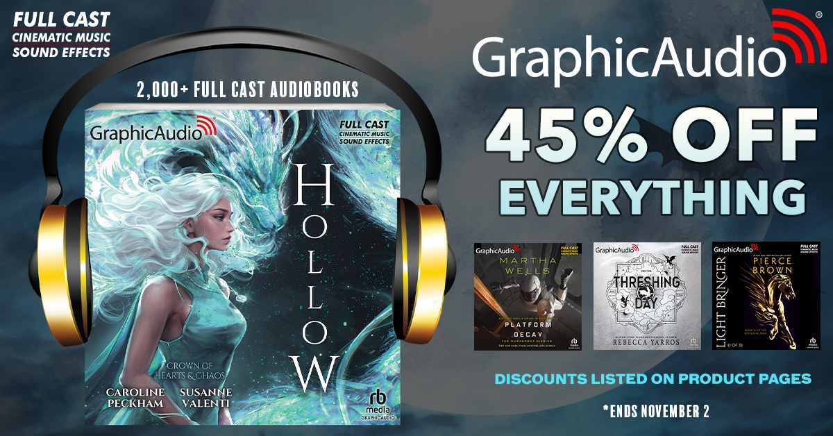 GraphicAudio's tweet photo. Save 45% Off New Graphic Audio Direct Store Orders now through November 2! Choose from over 2,000 dramatized audiobooks produced with a full cast, immersive sound effects and cinematic music. Try Crown of Hearts and Chaos, The Murderbot Diaries. The Empyrean, Red Rising, and hundreds of other series! https://t.co/wS8SoCyy8i