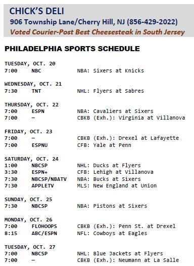 BoopStats's tweet photo. #ChicksDeli-Tue
PHILADELPHIA
SPORTS SCHEDULE –
Daily Sports TV Schedules &
Longer Philly Sports Schedules
At https://t.co/LNeXAK9gwT
#BoopStatsPhillySked https://t.co/Ee8Jazelcl