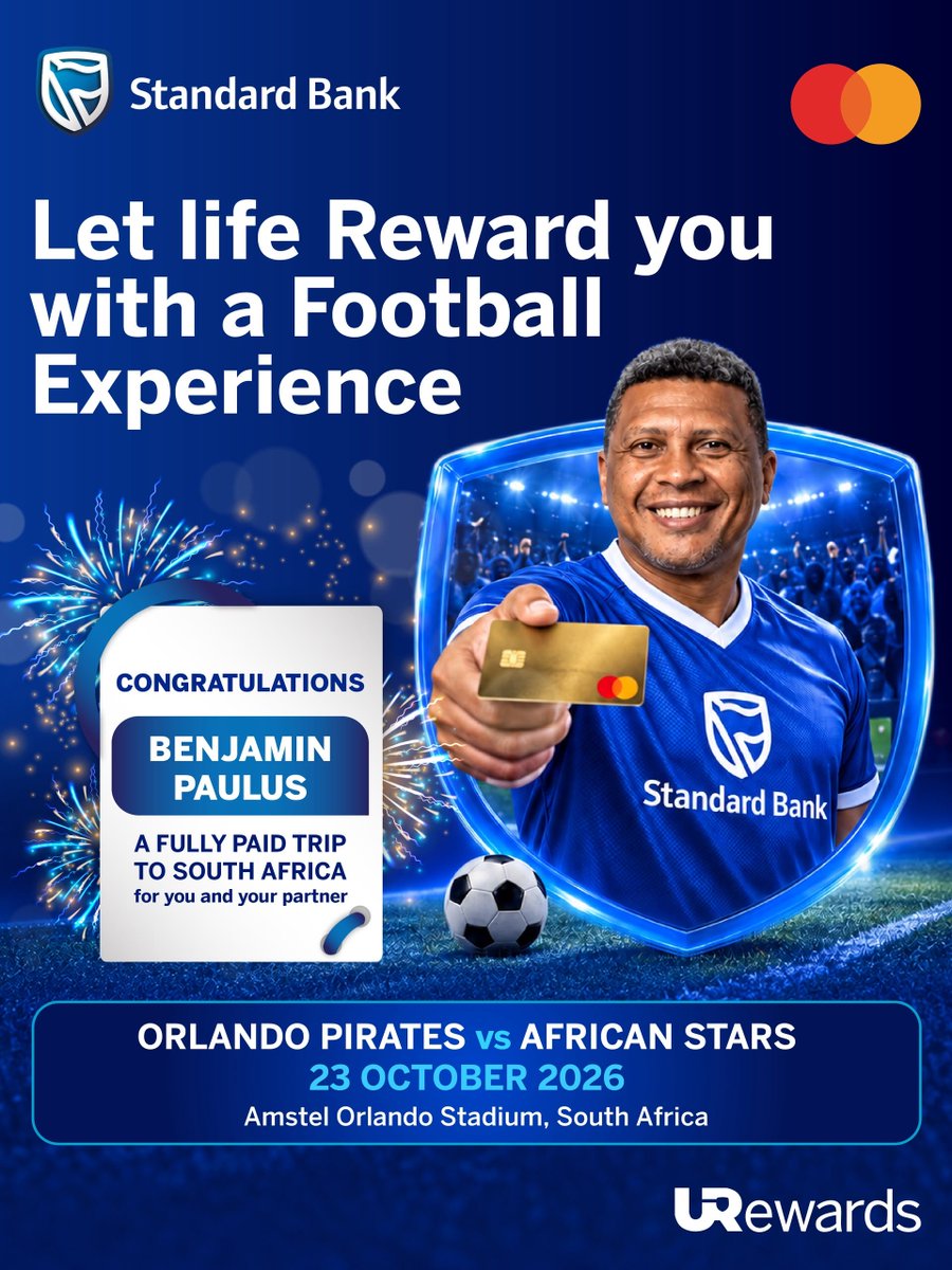 SB_Namibia's tweet photo. 🎉 Congratulations to Mr Benjamin Paulus, our #StandardBankURewards winner! 💙 He’s off to South Africa to watch Orlando Pirates take on African Stars with a companion! 

We’ll never ask for your PIN, OTP or password.

#LetLifeRewardYou https://t.co/4gW1N3Iafe