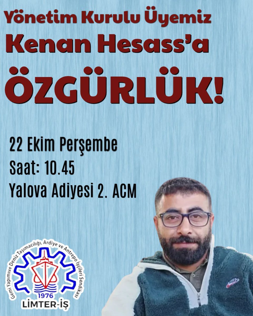 Limter_is's tweet photo. Yönetim Kurulu üyemiz Kenan Hesass, yaklaşık 9 aylık tutsaklığın ardından ilk kez hakim karşısına çıkarılacak.

Tüm emek güçlerini dayanışmaya çağırıyoruz! 

📅 22 Ekim Perşembe
🕙 10.45
📍 Yalova Adliyesi - 2. ACM

#TutsakSendikacılaraÖzgürlük
#SınıfSendikacılığı https://t.co/m9dQVAY0GN