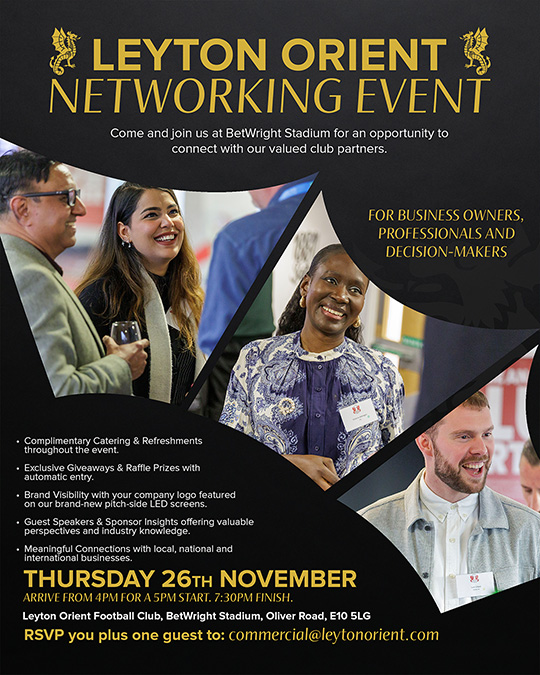 leytonorientfc's tweet photo. ℹ️ We are excited to announce that we're hosting a networking event at BetWright Stadium on Thursday 26 November 2026.  

🔗 https://t.co/YxGgf1oglx

#LOFC #OneOrient https://t.co/aIBOSWOocx