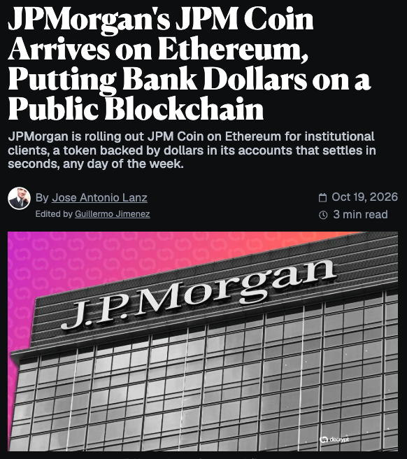 Tyler_Did_It's tweet photo. The Morning Minute (10.20)

⏰Top News:
-Crypto majors are slightly red as oil soars to local highs; BTC at $81.5k
-JP Morgan calls for 10% annual BTC returns, higher than stocks, REIT & gold
-BTC ETF inflows reach $526M in biggest day in a month
-Papertrade announces major change, PAPER nontransferable + uncapped
-Hyperliquid Policy Center asks SEC for clarity on airdrops and buybacks

🌎 Macro Crypto and Markets
-Crypto majors are slightly red; BTC -0.75% at $81.5k; ETH -1% at $2,380; SOL even at $104; HYPE -1% at $78; ZEC +1% at $1,140
-Top alt movers include WLD (+9%), TIA (+7%), Stable (+6%) and ZRO (+4%)
-Oil +6% at $109; Gold -0.4% at $4,140
-Stock futures are mixed as oil jumps; DOW +0.1%, Nasdaq -0.6%

-The Mt. Gox trustee pushed its repayment deadline to October 31, 2027, a fourth consecutive one-year delay

-JPMorgan brought its JPM Coin deposit token to Ethereum for institutional clients

-JPMorgan Asset Management included bitcoin in its long-term return forecasts for the first time, projecting a 10% annual base case over the next decade against 7.5% for U.S. large-cap stocks and 5.5% for gold

-BlackRock filed for a buffered Bitcoin ETF that would absorb roughly the first 10% of losses in exchange for a capped upside

-Mastercard launched Stablecoin Security, a tool that scores stablecoin payments for fraud, scam and sanctions exposure before funds move onchain

-XRP Ledger developers published a second amendment to fix the lending protocol before the first one ever activates

Corporate Treasuries & ETFs
-The Bitcoin ETFs saw $527M in net inflows on Monday; the ETH ETFs lost $103M in net outflows
-Strive bought 4,045 BTC for about $335 million at an average of $82,803 between October 12 and 16, lifting holdings to 36,818 BTC and funding the purchase with $369.2 million from warrant exercises
-Strategy bought 267 BTC for $22.1 million while repurchasing $193.1 million of STRC preferred
-Tom Lee’s Bitmine added 12,535 ETH worth about $30 million to reach 6,041,481 ETH, or 4.9% of all Ethereum, putting it 99% of the way to the 5% target

Meme Coin Tracker
-Meme leaders were mostly green; DOGE +1%, SHIB -1%, PEPE +3%, PENGU +1%, TRUMP -1%, SPX +1%, Bonk +1%
-Robinhood chain leaders were mixed; Pons +2% to $179M; AI -5% at $75M; Cashcat -3% at $102M; Torch +60%, Schiffy +30% and LLL +68% led top movers
-Solana top movers included Borly +18x, Pokemon +73x and Dacity +30%; Ansem -10% at $90M

💰 Token, Airdrop & Protocol Tracker
-Papertrade led onchain protocols in revenue with $2.5M, followed by Pump Fun at $2.18M and then Hyperliquid at $1.92M
- Pump Fun rolled out gacha packs in its app, spanning categories like Pokemon, One Piece, Sports and Watches, with price points from $25 to $5,000 per pack
-Papertrade said it won’t make PAPER transferable because a tradable perp on the token would let an attacker short the protocol’s own solvency, while also rewriting its fee and minting rules
-The Hyperliquid Policy Center asked the SEC to write its airdrop position into the final rule so free tokens aren’t treated as securities along with 4 other requests

🚚 What is happening in NFTs?
-NFT leaders were mostly flat; Punks even at 31 ETH, BAYC -1% at 5.55 ETH, Pudgy even at 2.4 ETH
-Credits (+24%) and Stonkbrokers (+14%) led top movers