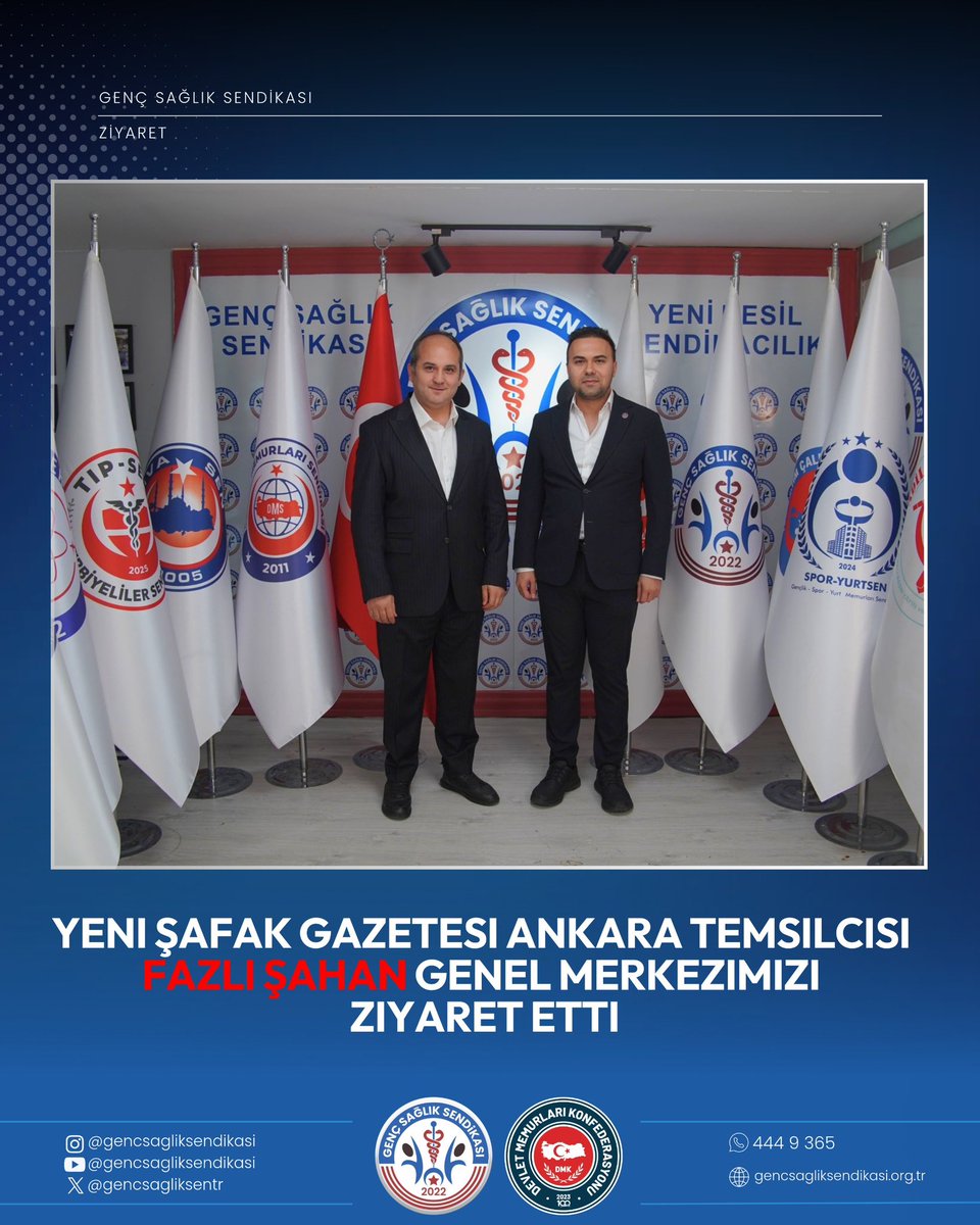 gencsagliksentr's tweet photo. Yeni Şafak Gazetesi Ankara Temsilcisi Sn. Fazlı Şahan, Genel Merkezimizi ziyaret etti. Ziyarette sağlık ve sosyal hizmet çalışanlarının özlük hakları, çalışma şartları, mobbing ve liyakat gibi güncel sorunları ile medyanın bu konulardaki rolü üzerine karşılıklı görüş alışverişinde bulunulmuştur.  

Sayın Şahan’ın sağlık çalışanlarının sesini duyurmak adına gösterdiği ilgi ve yapıcı yaklaşımı için teşekkür ederiz. Genç Sağlık Sendikası olarak, kamuoyunun doğru bilgilendirilmesi ve sağlık emekçilerinin hak arayışının görünür kılınması noktasında basınımızla iş birliğimizi sürdürmeye devam edeceğiz.