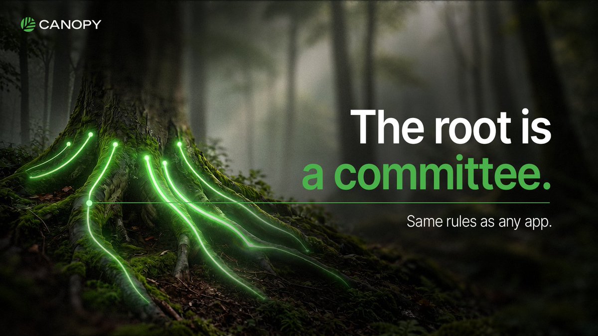 CNPYNetwork's tweet photo. The Security Root, where every Canopy validator bonds CNPY, runs as a committee under the same rules as any app.

So a validator can secure app committees (the validators running one app's consensus) without also validating the Security Root.

You choose which committees you run. https://t.co/xsPL5MBufO