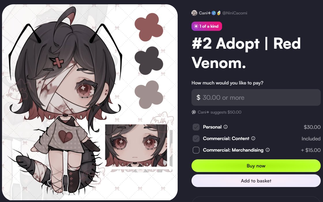 NiniCacomi's tweet photo. ✨ ADOPTABLES AVAILABLE! ✨

❤️ Red Venom. — $30
🍩 Donut puppy. — $50

Both adoptables are available for purchase!
Claim your favorite on VGen ♡

🔗 [https://t.co/4tupc70zWp]

#Adoptable #Adoptables #CharacterDesign #VGen https://t.co/dTjI4YRP6i