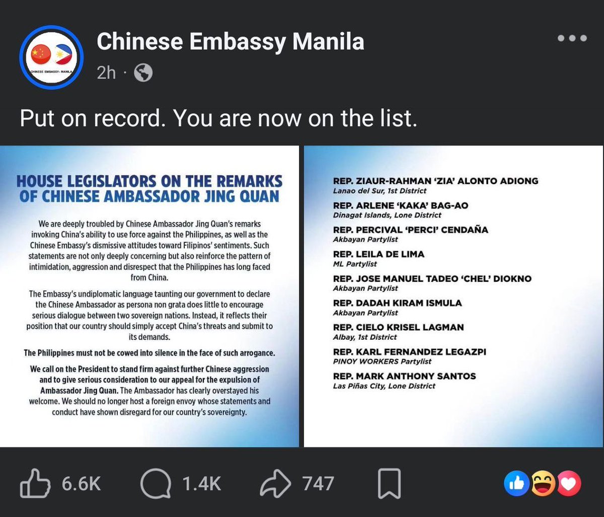 PerciCen's tweet photo. Put on record. YOU ARE BULLIES. 

An embassy that behaves like a troll has no business in the diplomatic corps.

Hindi nyo kami matatakot ng lista-lista ninyo. Ang tanging mahalagang listahan ay ang tala ng kasaysayan ng mga nanindigan para sa Inang Bayan 🇵🇭 https://t.co/rSHTQQZyJX