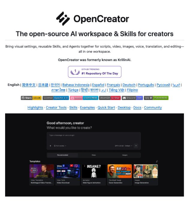 julia_coder_'s tweet photo. GITHUB IS ACTUALLY INSANE RIGHT NOW.

You can build an entire AI content factory without hiring a team.

Here are 10 open-source repos worth checking out:

1. OpenCreator

Give Codex a creator workspace for writing scripts, generating images, creating voiceovers, translating videos, and editing content.

https://t.co/rwbTxWysKn…

2. Social Media Research Skills

Use Claude Code or Codex to research viral posts, analyze competitors, mine comments, and extract hooks from video transcripts.

https://t.co/xoXkbghk7H…

3. Local Deep Research

Turn any topic into a detailed research report using web searches, your documents, and local or cloud AI models.

https://t.co/Y4863pRdJW…

4. FLUX.2

Generate and edit images for thumbnails, social posts, and marketing campaigns. The Klein 4B models have Apache-licensed weights.

https://t.co/MWAI7UcuNM…

5. Kokoro

Turn written scripts into AI voiceovers with a compact, open-weight text-to-speech model.

https://t.co/fygXhK1Doc

6. ACE-Step 1.5

Generate music from text prompts, create instrumentals, and regenerate specific audio sections. It can run locally on supported hardware.

https://t.co/S1Ergafz7R…

7. Short Video Factory

Create batches of short videos from prompts and your footage, with AI-generated scripts, voiceovers, editing, and subtitles.

https://t.co/HoY3Dizsvm…

8. AI YouTube Shorts Generator

Convert long YouTube videos into vertical Shorts with AI-selected highlights, transcripts, and automatic cropping.

https://t.co/JGkO0NoEbi…

9. Podcastfy

Turn source material into AI-generated podcast conversations, customize the dialogue, and produce audio in multiple languages.

https://t.co/TjAtQVa5zg…

10. Social Media Agent

Turn a URL into X and LinkedIn posts, review and edit the drafts, then schedule them through an AI agent workflow.

https://t.co/E6hZGI7Dx7…

Research, writing, visuals, voiceovers, music, video editing, and distribution.

You can automate almost every stage of content creation with the right tools.

Which part of your workflow would you automate first?

Want to build your own AI content factory? 👀

Follow @julia_coder_  for more AI tools, open-source gems, and workflows that help you create smarter and faster. 🚀