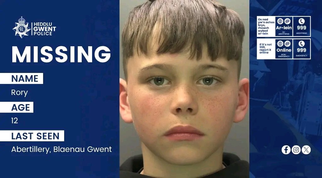 FreyjaBakke's tweet photo. URGENT.  Hes only 12 We’re appealing for information to locate 12-year-old Rory, who is reported as missing.
Rory was last seen at around 1.15pm on Friday 16 October in Abertillery, Blaenau Gwent.

ℹ️ Rory is described as white, around 4'8" tall, slim-build with dark brown hair. https://t.co/4DJeXiTvCg