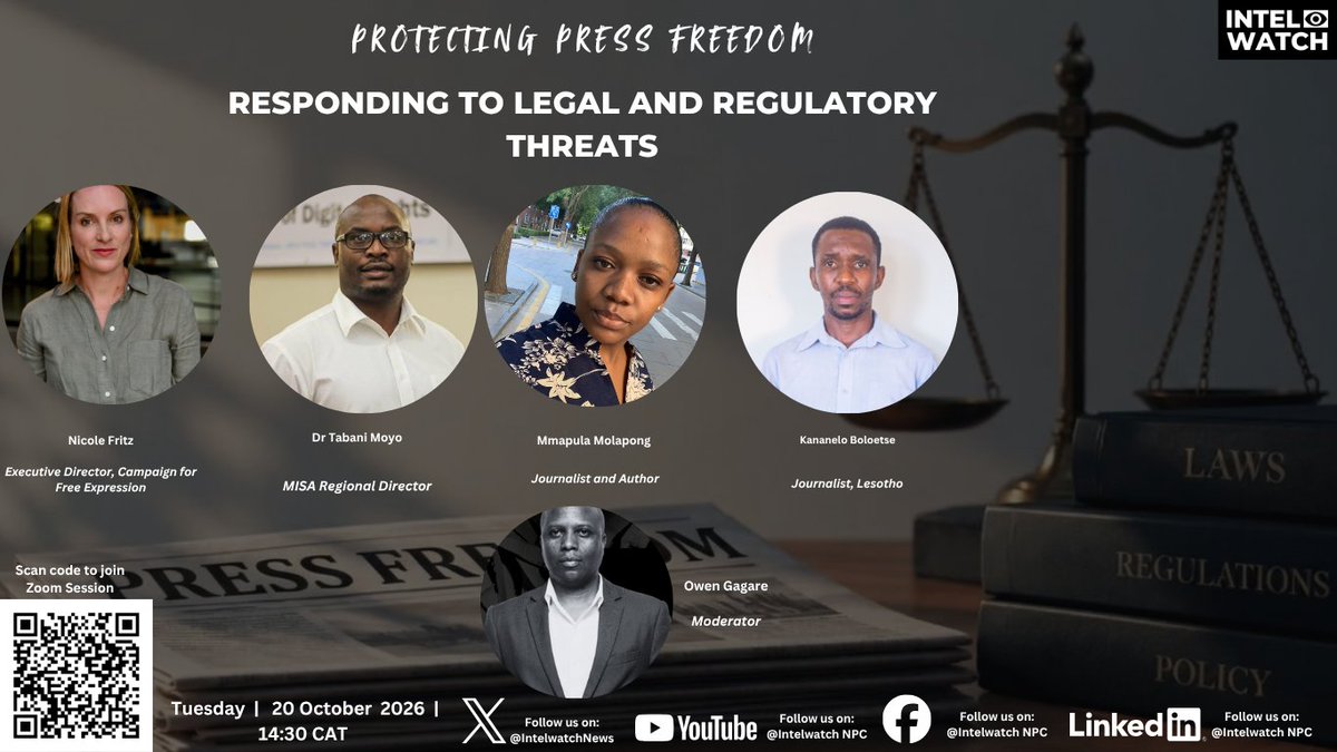 IntelwatchNews's tweet photo. Happening now at 14:30CAT. Join us as we discuss regional advocacy initiatives on legal & regulatory threats affecting the media in SADC:
https://t.co/z5XfxwR1O4...
Meeting ID: 876 5808 9595
Passcode: 261655
#intelwatch #PressFreedom #SouthernAfrica https://t.co/4SGzfP3h37