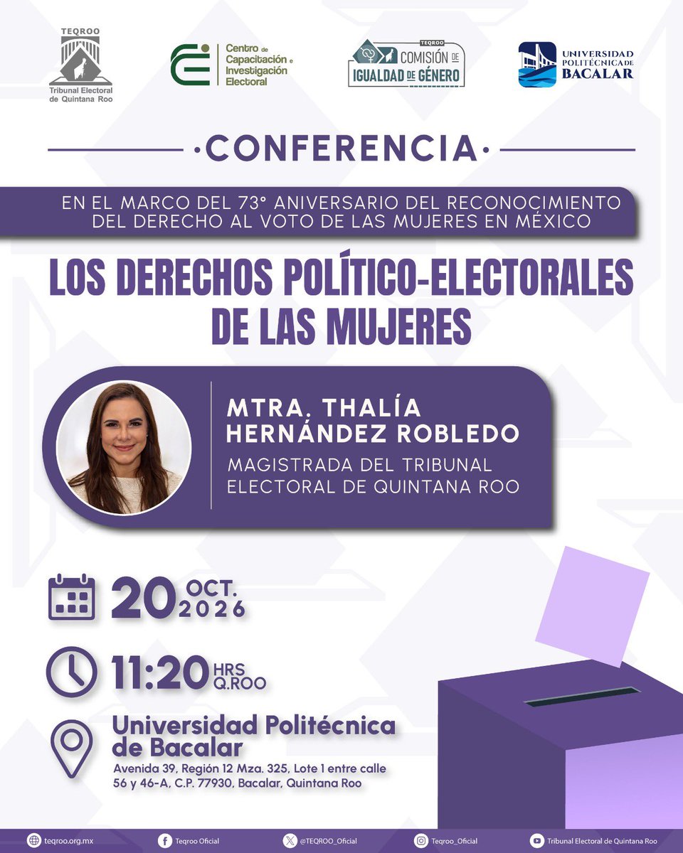 TEQROO_Oficial's tweet photo. El @TEQROO_Oficial, a través de la Comisión de Igualdad de Género, llevará a cabo #hoy la conferencia “Los Derechos Político-Electorales de las Mujeres”, en el marco del 73.º Aniversario del Reconocimiento del Derecho al Voto de las Mujeres en México. https://t.co/0RhGEqyelt