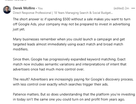 ppcClickShark's tweet photo. ""We've spent $500 on Google Ads and haven't received a single sale. Should we stop?" https://t.co/XMZv2eMOdT