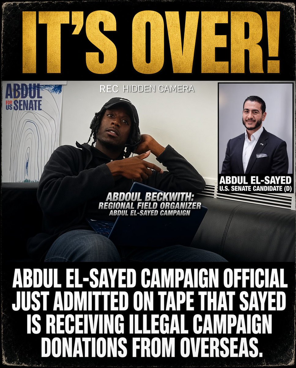 RealDonKeith's tweet photo. 🚨Boom! Got him!

An Abdul El-Sayed campaign official was caught on a hidden camera admitting that the candidate has people from overseas donating to him. 

The recording, released by O’Keefe Media Group, shows regional field organizer Abdoul Beckwith making the statement “It’s not allowed,” while identifying El-Sayed as the U.S. Senate candidate. 

Federal law prohibits foreign nationals from contributing to American campaigns. 

The admission has raised questions about the source of the donations and whether the campaign violated campaign finance rules.