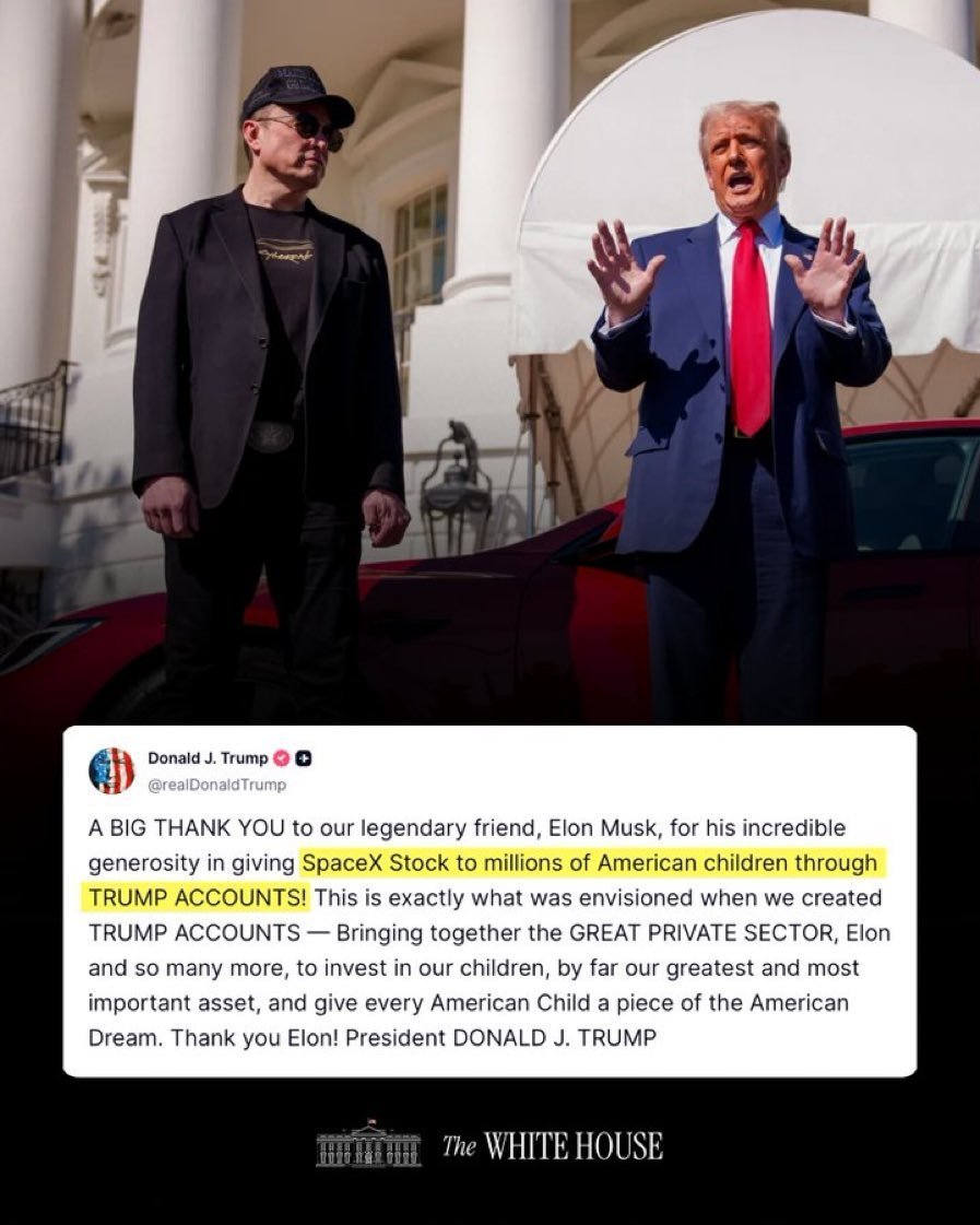 Americanisbh08's tweet photo. 🚨Update: President Trump thanks American hero Elon Musk for his generosity for his plan to give every American child a share of SpaceX stock!! https://t.co/KgQwODyBxm