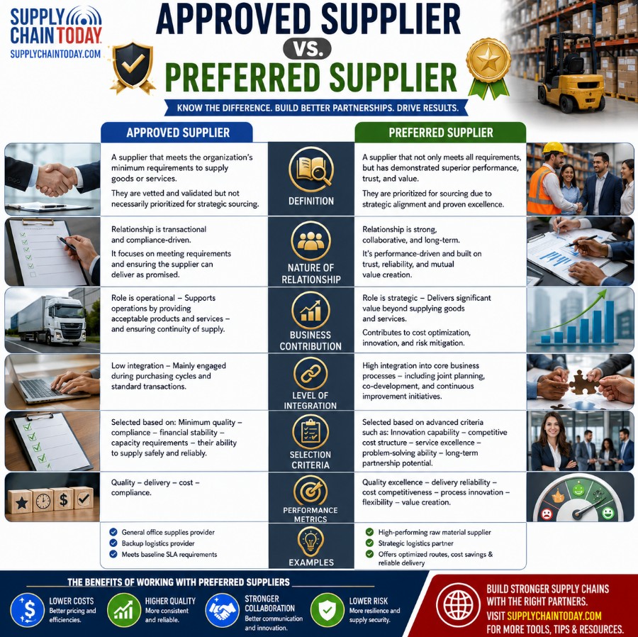 SupplyChainBlog's tweet photo. Approved Supplier vs Preferred Supplier
Know the Difference.  Build Better Partnerships.  Drive Results.
 #ApprovedSupplier #PreferredSupplier #SupplierManagement #SupplierStrategy #SupplyChain #suppliercollaboration https://t.co/ndiMPZdcuQ