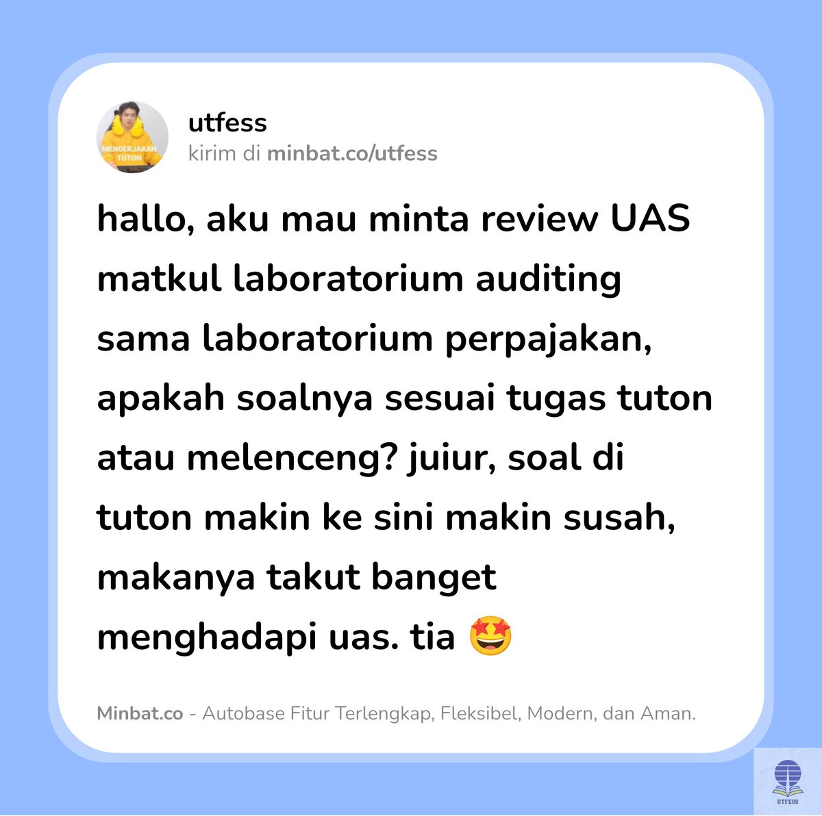 utfess's tweet photo. kakak-kakak akuntansi UT! ditunggu spall spill nya, semoga semuanya dipermudah yaaa ☺️ https://t.co/6mrgt4xVRc