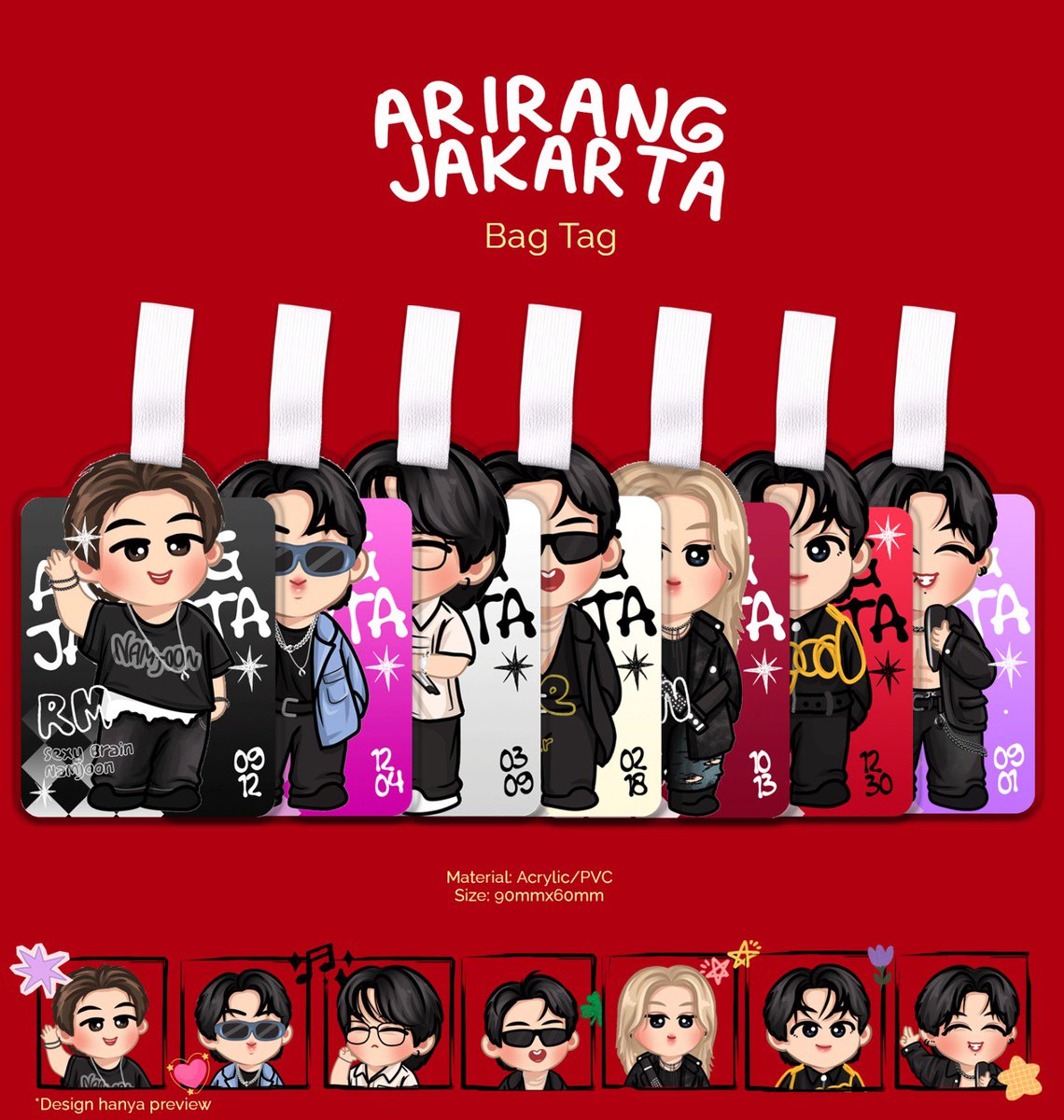 ArirangJakarta's tweet photo. [𝗕𝗮𝗴 𝗧𝗮𝗴 𝗣𝗿𝗲𝘃𝗶𝗲𝘄 — 𝗙𝘂𝗻𝗱𝗿𝗮𝗶𝘀𝗶𝗻𝗴 𝗠𝗲𝗿𝗰𝗵𝗮𝗻𝗱𝗶𝘀𝗲 𝗔𝗿𝗶𝗿𝗮𝗻𝗴 𝗝𝗮𝗸𝗮𝗿𝘁𝗮 𝗣𝗿𝗼𝗷𝗲𝗰𝘁] 😍❤️‍🔥

—

Halo, ARMY! 💜
Ada Merchandise yang bisa kalian dapatkan sambil ikut mendukung Arirang Jakarta Project, nih! ✨

Kami akan membuka Pre-order Fundraising Merchandise mulai tanggal 20–31 Oktober 2026. Buat ARMY yang ingin ikut ambil bagian dalam Project ini, yuk, dukung bersama melalui Merchandise Arirang Jakarta Project 💜

Merchandise Arirang Jakarta Project : 
1. ARIRANG Totebag
2. ARMY Bomb Pouch 
3. ARMY Bomb Parts
4. Bag Tag (Tersedia versi setiap members) 
5. Keycharm (Tersedia versi setiap members) 
6. T-shirt 

Detail Merchandise dan informasi pemesanannya akan dirilis hari ini 20 Oktober 2026 jam 8 Malam WIB! Stay tuned! ❤️‍🔥

📌 Notes : Seluruh keuntungan dari penjualan Merchandise ini akan dialokasikan untuk mendanai Project Arirang Jakarta.