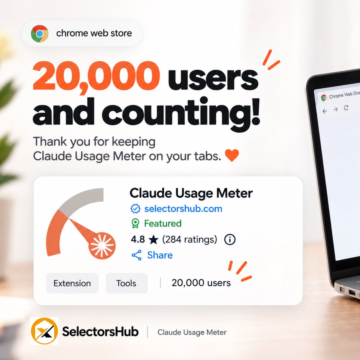 SelectorsHub's tweet photo. 20,000 users and counting! ❤️

A huge thank you to everyone using Claude Usage Meter! Your support keeps us motivated to build tools that make your workflow smoother.✨

#SelectorsHub #ClaudeAI #ChromeExtensions #AITools #Productivity https://t.co/pM3mKVegz3