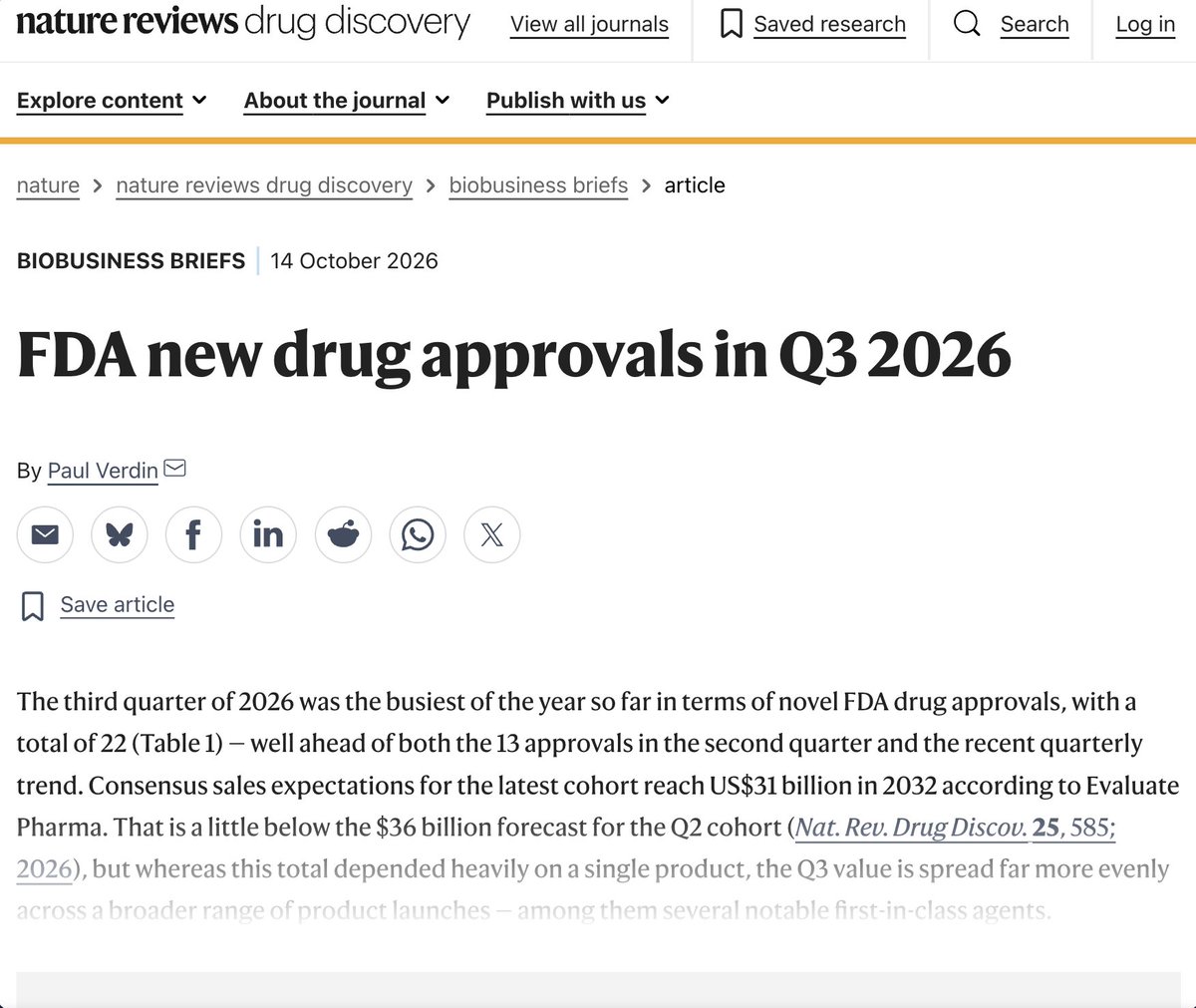 evaluatepharma's tweet photo. The FDA approved 22 novel drugs in Q3 2026, the busiest quarter of the year so far and well ahead of Q2. Evaluate Pharma forecasts put the cohort at $31B in 2032 sales. Evaluate’s Paul Verdin looks at the new drugs ready to hit the market in Nature: https://t.co/xxtG9oy08T https://t.co/GsHiqfUpJd