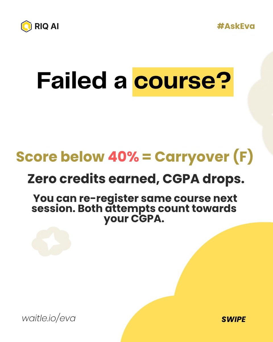 ourriq's tweet photo. Retaking a course doesn’t erase the first attempt. Both scores count towards your CGPA. Swipe to see how carryovers actually work 

Questions about school? Ask EVA: Link in bio. https://t.co/eSbncUw40W