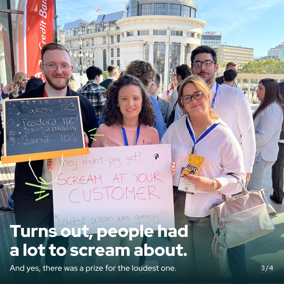 paystorm_ai's tweet photo. Things got a little loud at Startup Revolution.

Synim and Dielleza turned their Paystorm presentation into a screaming competition about unpaid invoices. Loudest scream gets a prize!

A fun reminder that there are better ways to collect payments than screaming at your customers. https://t.co/0q9C88tTnP