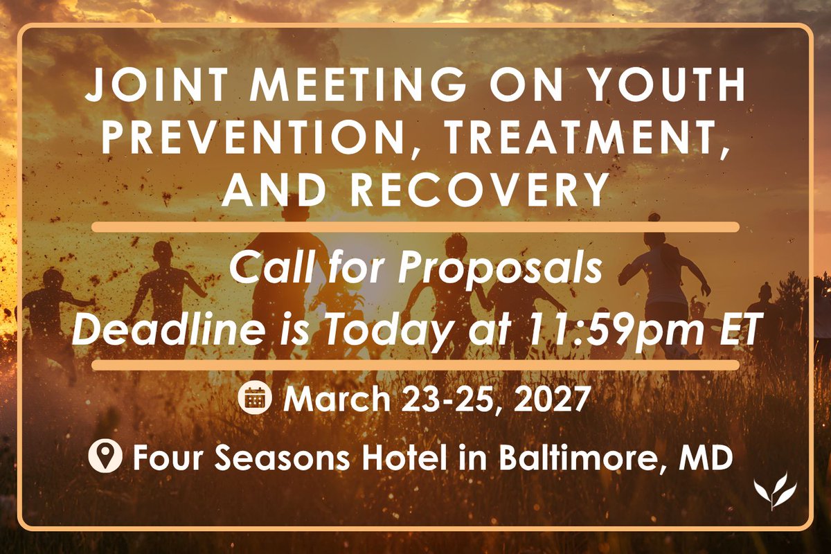 RecoveryAnswers's tweet photo. Today is the final day to submit your proposal for the 2027 Joint Meeting on Youth Prevention, Treatment, and Recovery. The deadline is at 11:59pm ET tonight.
 
Please submit here: https://t.co/X0mq8S1xh7 
 
The conference will take place in Baltimore, MD on March 23-25, 2027! https://t.co/MystZgBO4J