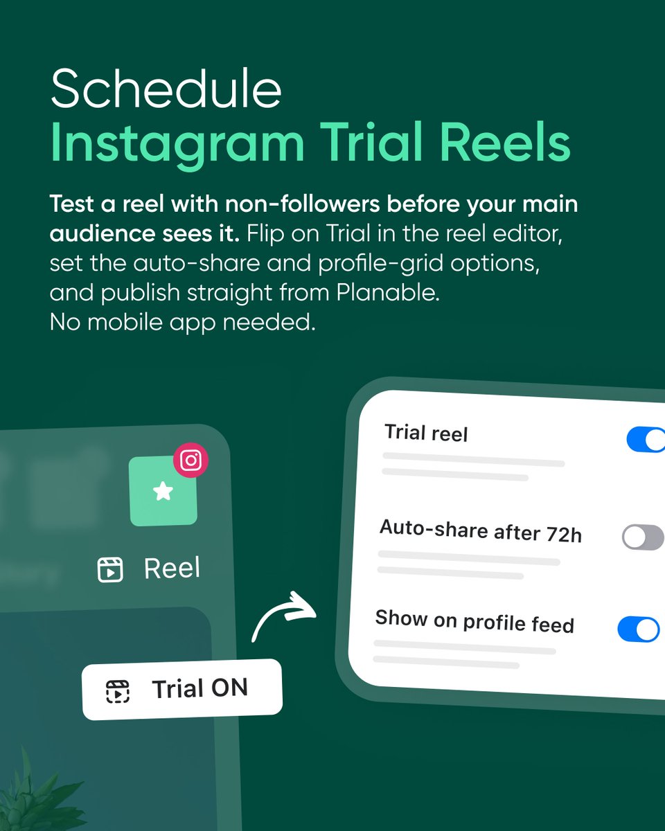 PlanableApp's tweet photo. You used to need the native app for this. Not anymore.

A few of this month’s updates close the gap between Planable and the platforms you post to.

You can now add music to TikTok posts and Instagram Reels right in the composer. Browse or search, preview, and the track shows on the post, so clients hear it before it goes out.

You can schedule Instagram Trial Reels too. Test a reel with non-followers before your main audience sees it, and publish it straight from Planable, no mobile app in the loop.

And in Social Listening, the Competitors tab now puts your brand next to your rivals: share of voice, sentiment, and a where-you-stand matrix across every channel. 

Each of these used to mean a detour. Open the app to add a sound, flip the trial toggle on your phone, check a separate tool for competitor chatter. Now it’s one place.

The less you bounce between tabs, the more time goes to the work that actually moves the needle.

See everything Planable can do: https://t.co/yMjXk8eXZ2
