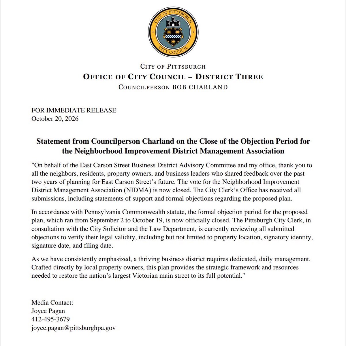 PGHDistrict3's tweet photo. Councilperson Charland’s Statement on the Closing of the Objection Period for the East Carson Street Neighborhood Improvement District Management Association (NIDMA). Full Press Release Below ⬇️ https://t.co/hXGB5psJzm