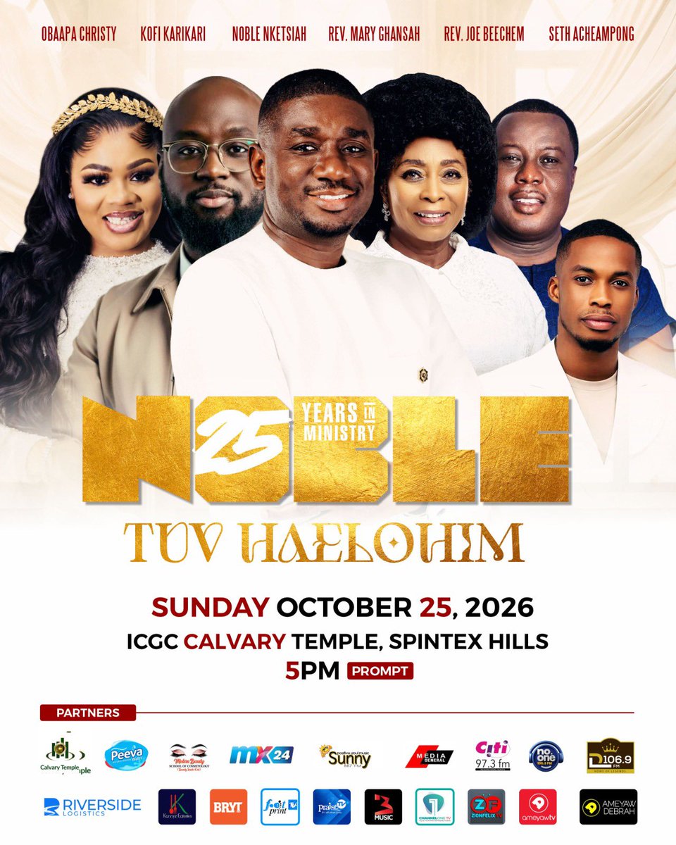 Noble_Nketsiah's tweet photo. 5days to ‘NOBLE AT 25’ &amp; i will be live with the beautiful Abena Ruthy on @Sompa1065fm this afternoon at 1pm. 

See you on October 25, 2026 at ICGC Calvary Temple, Spintex Hills at 5pm 😇

#Nobleat25 #TuvHaelohim #SilverJubilee https://t.co/6o7uXoFvau