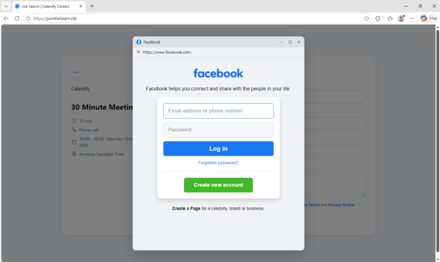 efani's tweet photo. ‼️ Hackers are using FAKE Meta job interviews to steal Facebook and Google accounts, even when 2FA is enabled.

Malwarebytes uncovered a phishing campaign using fake Calendly pages to book 30-minute recruiter calls.

Victims choose a slot, enter personal details and complete a fake CAPTCHA.

Then comes the trap: fake Facebook and Google logins that steal passwords and 2FA codes in real time.

Your phone's security codes can become the attacker's way in.

🧵