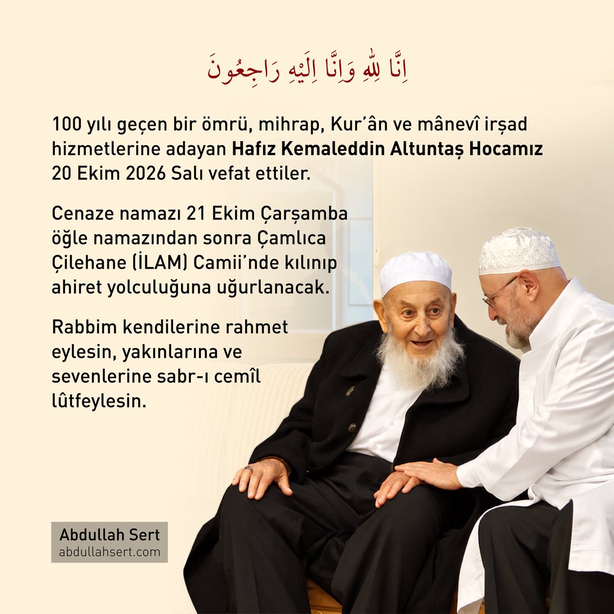abdullahsert48's tweet photo. Rabbimiz, Hafız Kemaleddin Altuntaş Hocamız’a rahmet, yakınlarına ve sevenlerine sabr-ı cemîl lütfeylesin... https://t.co/9vov4KG7he