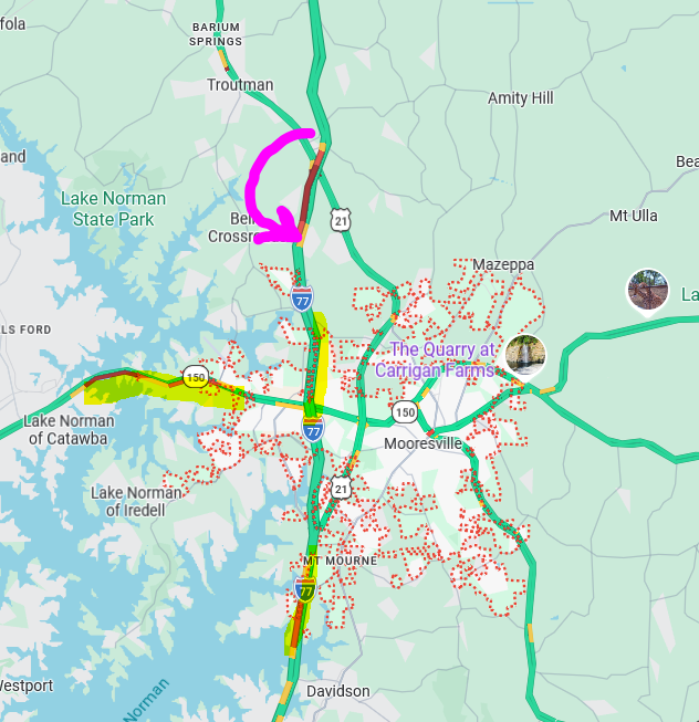 Clt_TrafficGuy's tweet photo. 💢TraffiCast™
Mooresville:  I-77 Sb is slow due to a crash just past mm 42.  There is also the usual slow traffic on River Highway. https://t.co/ioGWHCAqLf