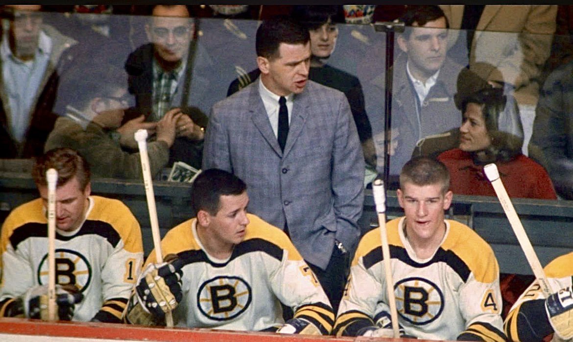 Berger_BYTES's tweet photo. Bobby Orr (4) played his first #NHL game 60 years ago yesterday - Oct. 19, 1966 - as the #NHLBruins hosted the #RedWings at #Boston Garden. Here, we have rookie coach Harry Sinden standing in back of (L-R) Tom Williams, Pit Martin and Orr. Martin, the following May, would go to #Chicago in the lopsided trade for Phil Esposito. #Detroit #Blackhawks #Leafs