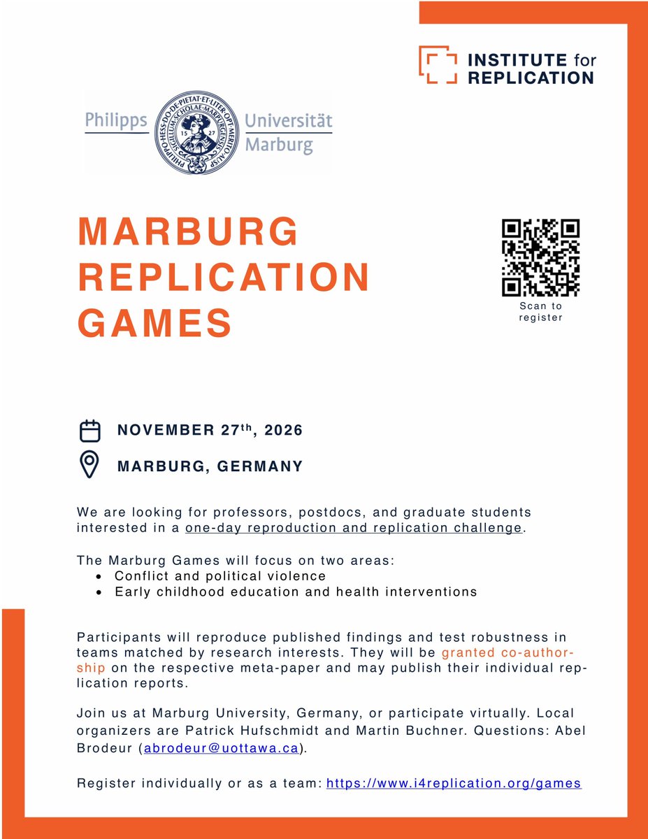 I4Replication's tweet photo. We are hosting Replication Games on Friday November 27th, 2026 at Uni Marburg. Studies on conflict, political violence, and early childhood interventions for education and health will be reproduced!

Register here: https://t.co/G70bjpDp8q https://t.co/k8ldmKLwCr