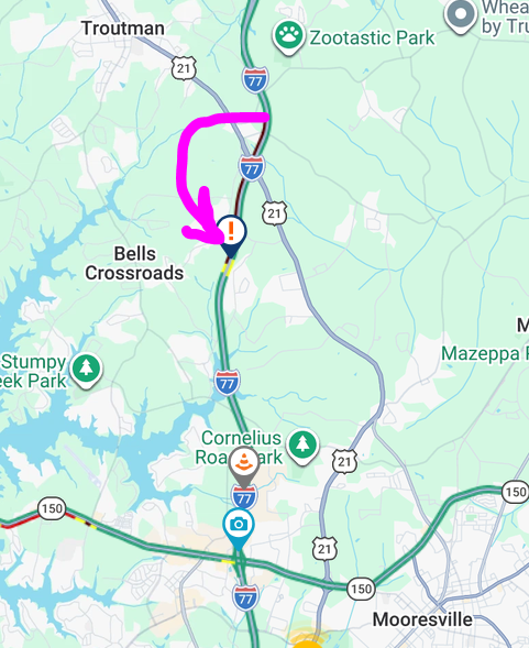Clt_TrafficGuy's tweet photo. ◙UPDATE:  Troutman:  I-77 Sb after Exit 42, 
NCDOT now tells us BOTH lanes are BLOCKED.  If you are not stuck yet, you may want to take US 21 or another route quickly. https://t.co/6ybRuULSCx