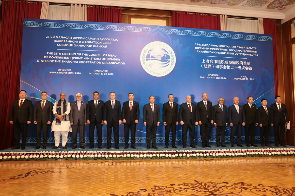 MEAIndia's tweet photo. Raksha Mantri Shri @rajnathsingh addressed the SCO Council of Heads of Government Meeting in Dushanbe today. He reaffirmed India's approach to SCO guided by Security, Connectivity and Opportunity. https://t.co/sk1GwrFVl1