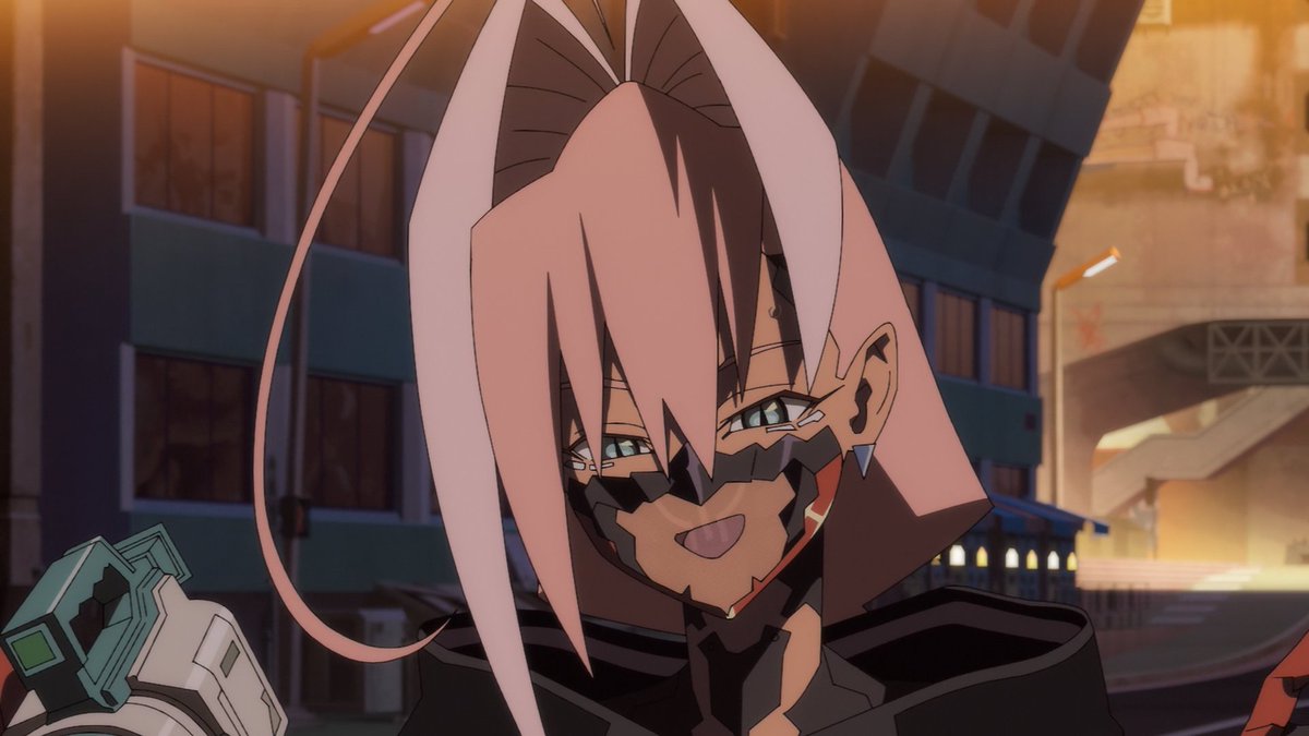 zebruder's tweet photo. Talia's gap moe is off the charts. The moment she switches on the screen on her mouth mask thing, her whole aura changes, and her whole facial expressions reveal the very upbeat, excitable person she is behind all the angst. https://t.co/CkZCa2n0Kw