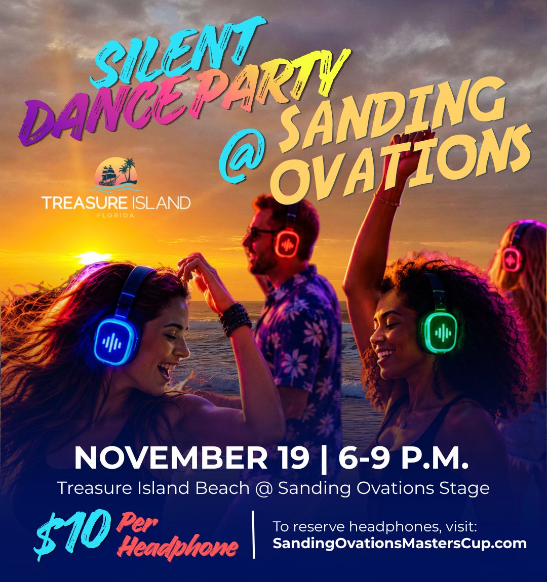 TresIslandFL's tweet photo. The countdown to Sanding Ovations Master's Cup: “Music Is the Key,” presented by @visitspc, is on, and this year we’re adding two exciting new events to the fun.

🤝 MEET THE MASTERS
Ever wonder who’s behind those incredible sculptures? Here’s your chance to find out. Join us Wednesday, Nov. 18, from 6 to 8 p.m. at WAVES Beach Bar inside The Bilmar Resort. Mingle with the master sculptors, hear their stories, and learn how they turn simple grains of sand and buckets of water into stunning works of art.
Tickets are $20 and include hors d’oeuvres and beer from our generous sponsors. A cash bar will be available for cocktails.

Get your tickets:
Online at https://t.co/RUdzxzoLbb
At Treasure Island City Hall, 10451 Gulf Blvd.
At the door the night of the event

🎧 SILENT DANCE PARTY
Picture the sun setting over the Gulf, music-inspired sand sculptures all around you, and a beach full of people dancing to a beat only they can hear. Join us Thursday, Nov. 19, from 6 to 9 p.m. on Treasure Island Beach at the Sanding Ovations Stage.

Grab a pair of glowing wireless headphones, pick your channel, and dance like nobody’s listening, because nobody can. Switch stations with your friends to see who’s grooving to what, and look up to catch colorful, glowing kites drifting through the night sky.

Headphones are $10 each, and quantities are limited. Reserve yours at https://t.co/KwDnUH9u3f or pick up a pair the night of the event.

We can’t wait to see you on the sand!