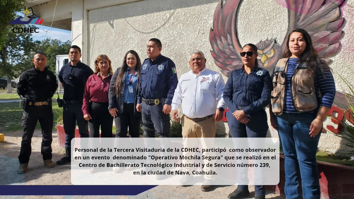 CDHEC's tweet photo. #BrigadasCDHEC El día de ayer, personal de la Tercera Visitaduria, participó  como observador en un evento  denominado "Operativo Mochila Segura" que se realizó en el Centro de Bachillerato Tecnológico Industrial y de Servicio número 239 ubicado en la ciudad de Nava.

1/2 https://t.co/M5dmXuGwtn