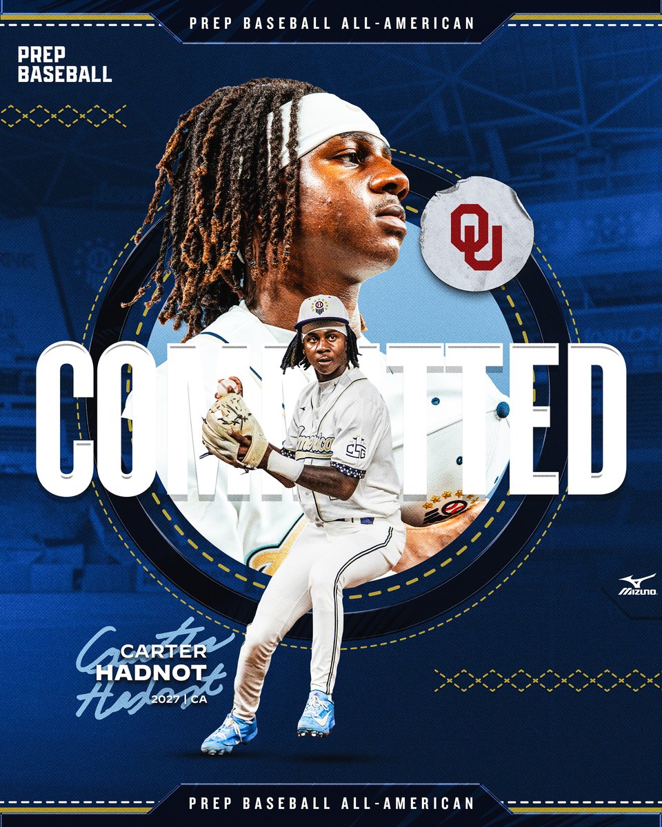prepbaseball's tweet photo. Congratulations to 2026 Prep Baseball All-American Carter Hadnot on his commitment to @OU_Baseball! 👏

No. 1️⃣4️⃣ in the class. 👍

@Carterrrr7 | @PrepBaseballCA | @ShooterHunt https://t.co/pAVtfVP8kn