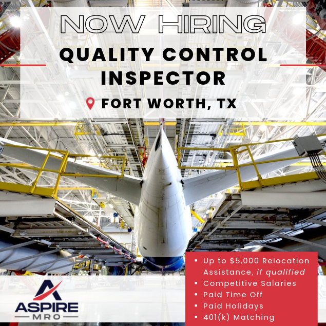 JSfirm's tweet photo. Aspire MRO is looking for Quality Control Inspectors to join our growing team in Fort Worth, TX!

✴️ Up to $5,000 Relocation Assistance, if qualified
✴️ Competitive Salaries
✴️ Paid Time Off
✴️ Paid Holidays
✴️ 401(k) Matching

Apply here ➡️ https://t.co/8lJd8caLUb https://t.co/ShjK36oSGF