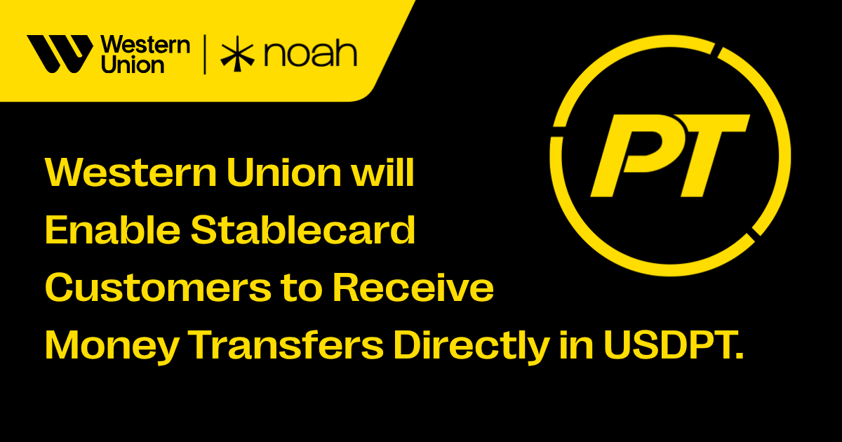 WesternUnion's tweet photo. Coming soon! We're continuing to expand our digital ecosystem. Customers in eligible markets will soon be able to receive Western Union money transfers directly into Stablecard in USDPT through our collaboration with
@Noah_HQ. https://t.co/026JdhKI0Z