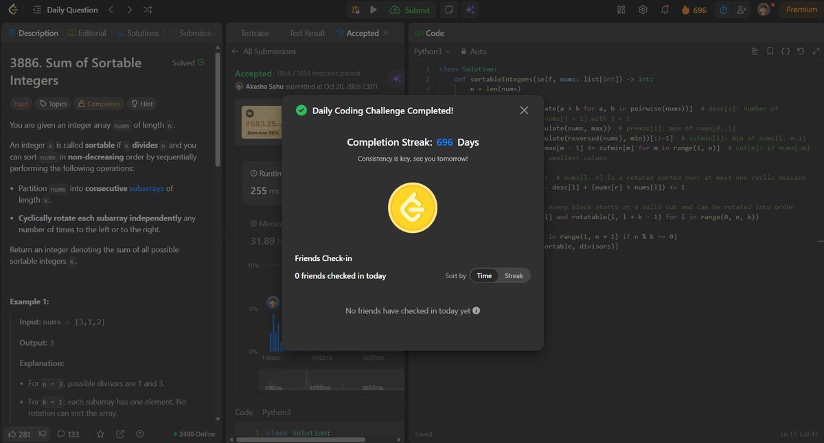 akashasahu07's tweet photo. Day - 696
Solved an array + rotation problem today ⚡
Explored divisors and cyclic rotations to determine which subarray lengths can make the entire array sorted.
#1000DaysOfCode #LeetCode #DSA #Python #Arrays https://t.co/j5fRg9prS7