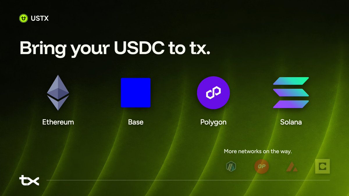 txEcosystem's tweet photo. Mint USTX through the mini-app in the tx Super App or the web portal using USDC from Ethereum, Base, Polygon, or Solana.

Bring funds from a self-custody wallet and receive USTX in your tx wallet.

More networks will follow, unlocking more ways to bring your liquidity onto tx. https://t.co/58afPkLUFT