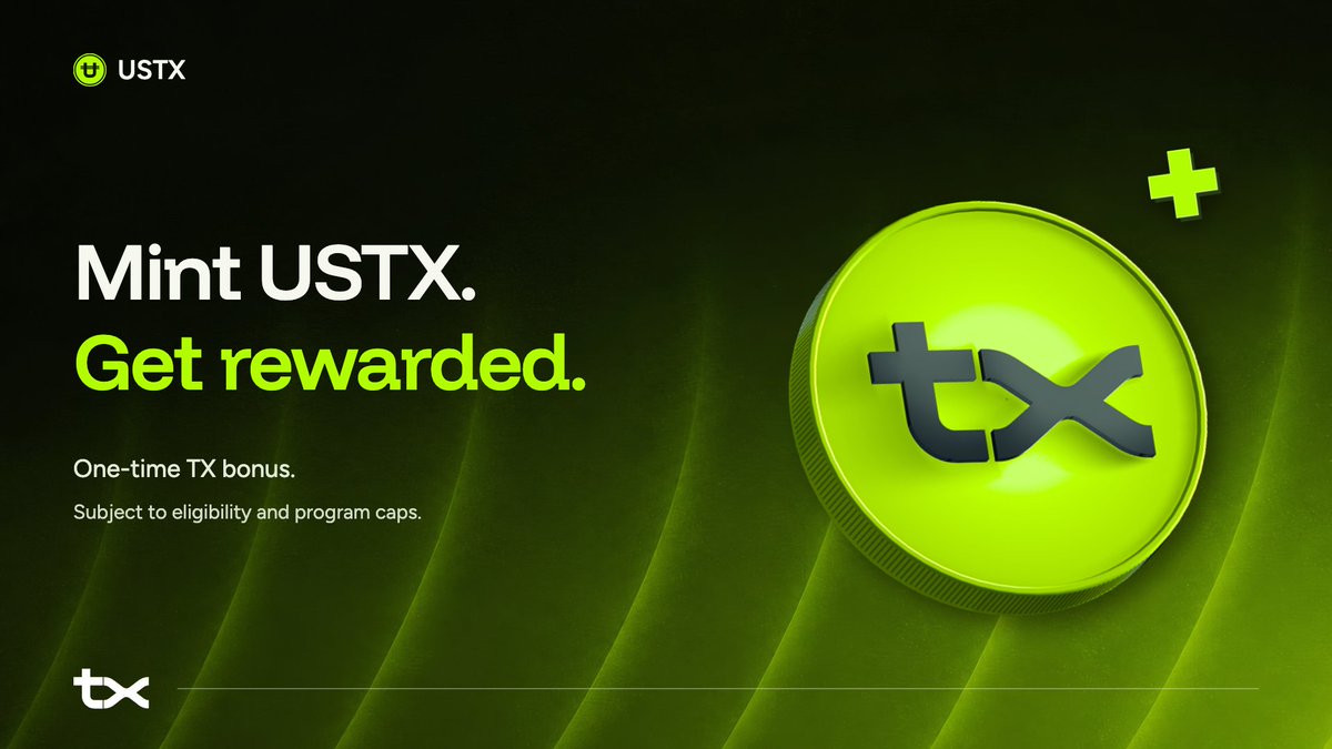 txEcosystem's tweet photo. Mint at least 100 USTX to your tx Super App wallet for a one-time bonus of 1,500 TX, or 3,000 TX for Elite Club members.

Complete app verification to qualify. Paid automatically seven days after a qualifying mint. Regional restrictions and program limits apply. https://t.co/B0hmxIu9oh