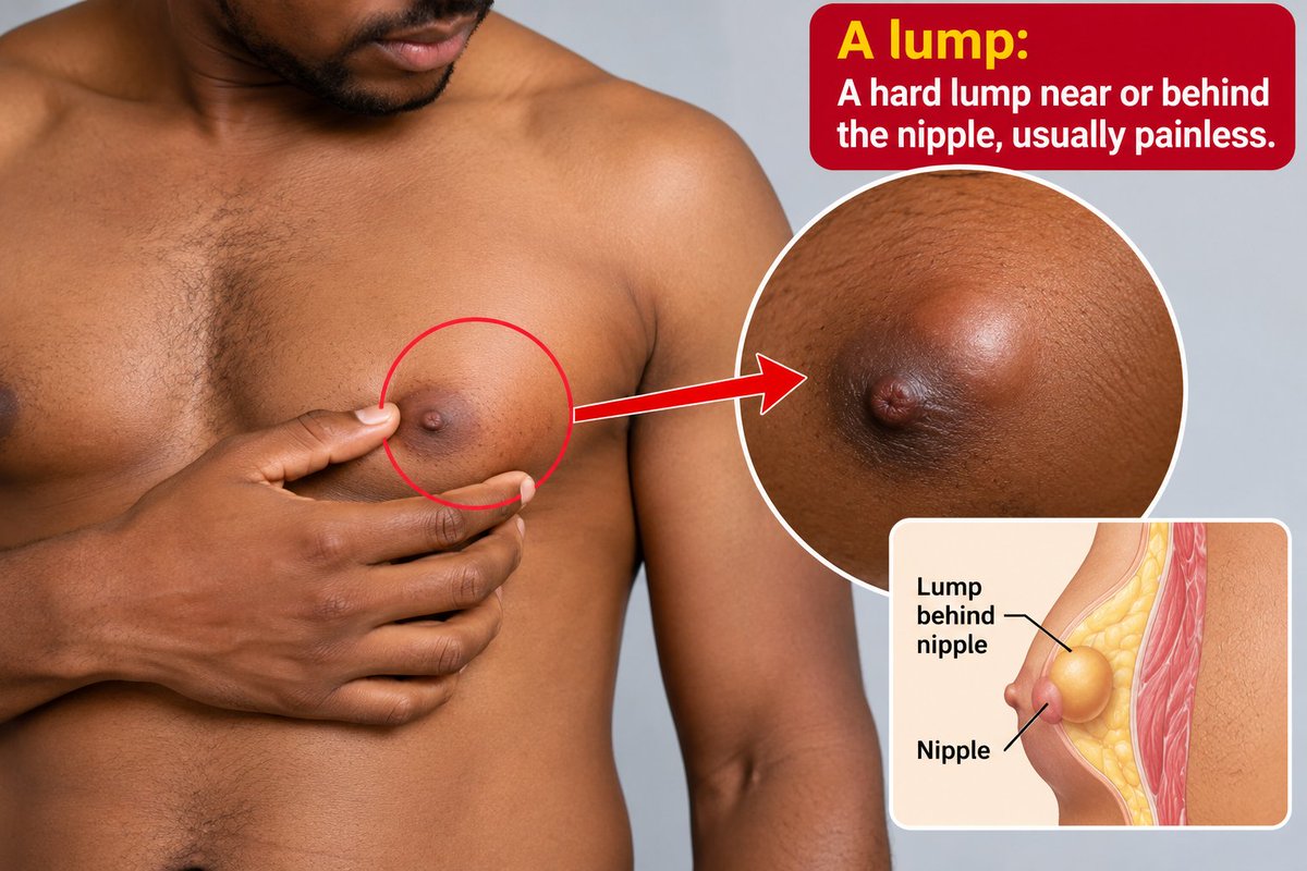 Doctor_Chichi's tweet photo. Most men never check their chests, and that’s why male breast 𝗖𝗮𝗻𝗰𝗲𝗿 is usually found late. 

Yes, men can also have breast 𝗖𝗮𝗻𝗰𝗲𝗿, but it is rare. Less than 1% of breast cancer cases occur in men. Since men have less breast tissue, lumps often appear near the nipple and may be easier to feel.

𝗦𝗶𝗴𝗻𝘀 𝘁𝗼 𝘄𝗮𝘁𝗰𝗵 𝗳𝗼𝗿:

🔹A hard, usually painless lump near or behind the nipple.

🔹Nipple turning inward, becoming red, or developing dry/scaly skin.

🔹Clear or bloody nipple discharge.

🔹Skin dimpling, redness, or an open sore.

🔹Unusual pain, tenderness, or swelling.

🔹A lump under the armpit.

When to see a doctor: Most breast lumps in men are not cancerous, but any new lump, nipple change, or unusual discharge should be checked by a doctor.

𝗥𝗲𝗺𝗲𝗺𝗯𝗲𝗿: Breast cancer isn’t just a women’s issue. Know what’s normal for your chest.