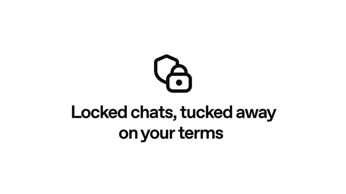 Demo video with the text Keep personal chats out of everyday view, showing a user asking ChatGPT for help writing a marriage proposal, choosing Lock this chat, confirming a PIN, the chat appearing under Locked chats, and the text Find locked chats in Projects