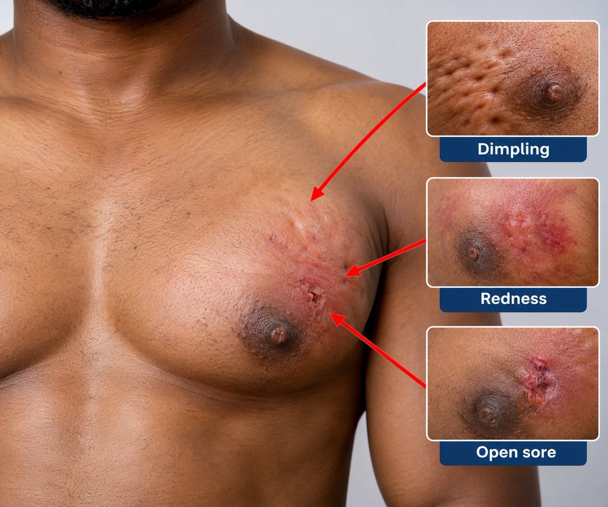 Doctor_Chichi's tweet photo. Most men never check their chests, and that’s why male breast 𝗖𝗮𝗻𝗰𝗲𝗿 is usually found late. 

Yes, men can also have breast 𝗖𝗮𝗻𝗰𝗲𝗿, but it is rare. Less than 1% of breast cancer cases occur in men. Since men have less breast tissue, lumps often appear near the nipple and may be easier to feel.

𝗦𝗶𝗴𝗻𝘀 𝘁𝗼 𝘄𝗮𝘁𝗰𝗵 𝗳𝗼𝗿:

🔹A hard, usually painless lump near or behind the nipple.

🔹Nipple turning inward, becoming red, or developing dry/scaly skin.

🔹Clear or bloody nipple discharge.

🔹Skin dimpling, redness, or an open sore.

🔹Unusual pain, tenderness, or swelling.

🔹A lump under the armpit.

When to see a doctor: Most breast lumps in men are not cancerous, but any new lump, nipple change, or unusual discharge should be checked by a doctor.

𝗥𝗲𝗺𝗲𝗺𝗯𝗲𝗿: Breast cancer isn’t just a women’s issue. Know what’s normal for your chest.